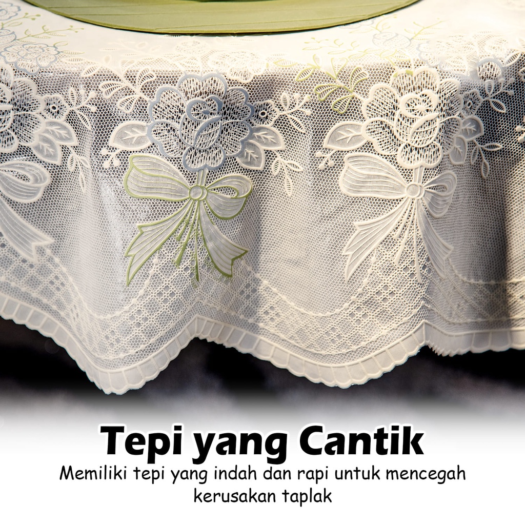 Taplak Meja Makan Bundar Motif Bunga Elegan &amp; Minimalis Ukuran 150cmx150cm Bahan PVC - D44-C