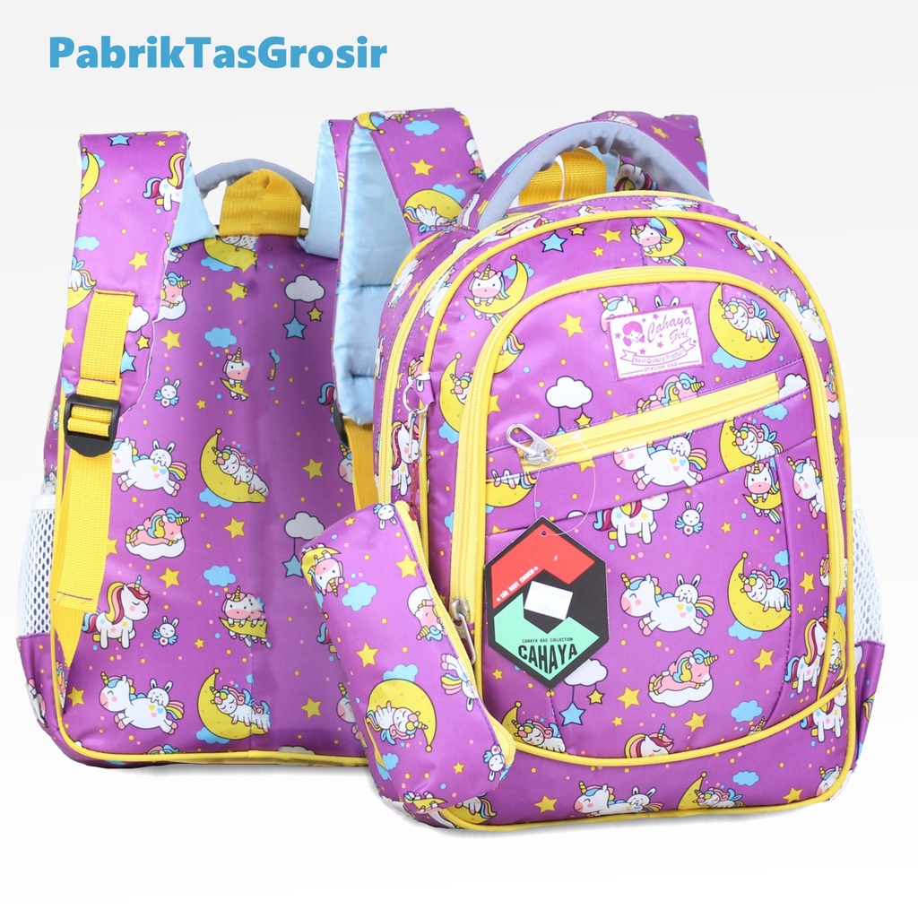 Tas Anak Perempuan Unicorn PAUD TK SD Bonus Tempat Pensil Raincover Ukuran Compact Bahan Tebal Impor Jahitan Kuat Muat LKS Ransel Anak Cewek Sekolah Les Ngaji TPQ TPA Muat Banyak Laptop Ipad In Lucu