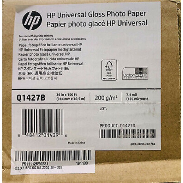 

HP Media Universal Gloss Photo Paper (36"x100'roll) 7.4mil 200g/m2 914mm x 30.5m Q1427B
