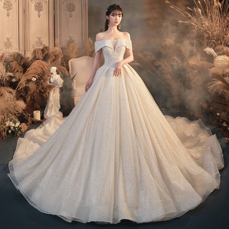 Gaun pernikahan 1.5m Ekor Luxurious Women Bridal Diamond Pearl Wedding Dresses Off Shoulder gaun pengantin Ballgown