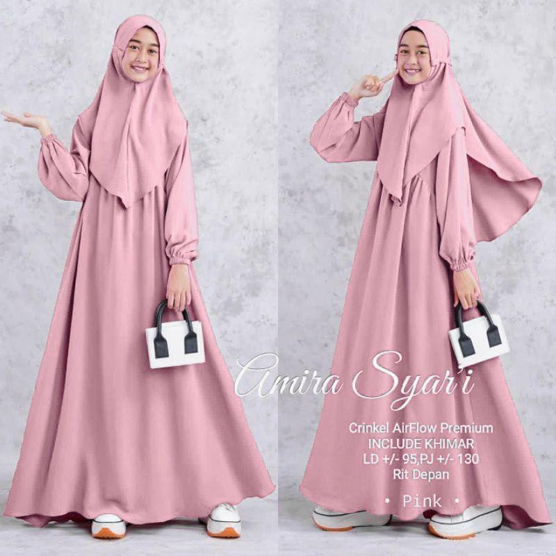 Amira Syari Kids Sage Gamis Anak Perempuan (FREE HIJAB) Usia 11-14 Tahun Crinkle AirFlow