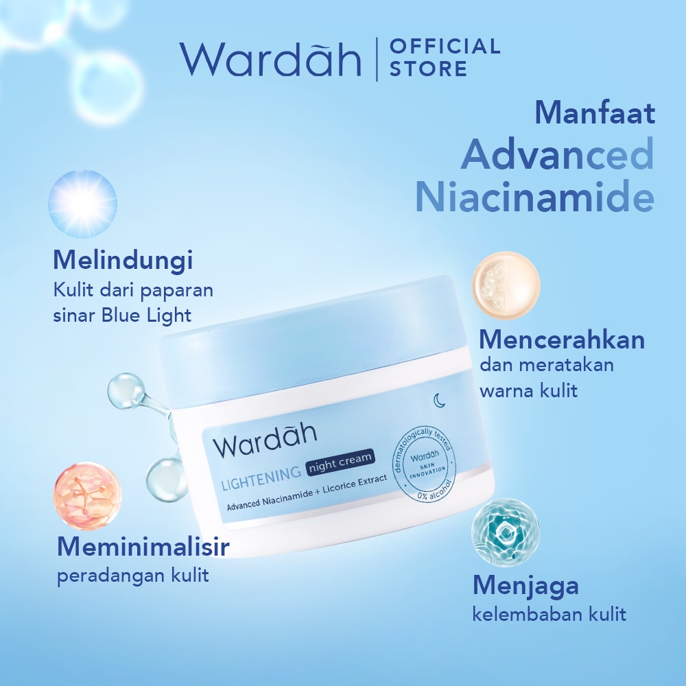 WARDAH Lightening Night Cream Indonesia / Pelembab Wajah 20ml 30g / Advanced Niacinamide + Licorice Extract / With Blue Light Protection / For All Skin Types Menyamarkan Bekas Jerawat Melembabkan Moisturizer Skincare Face Care Series / Krim Muka Malam Day