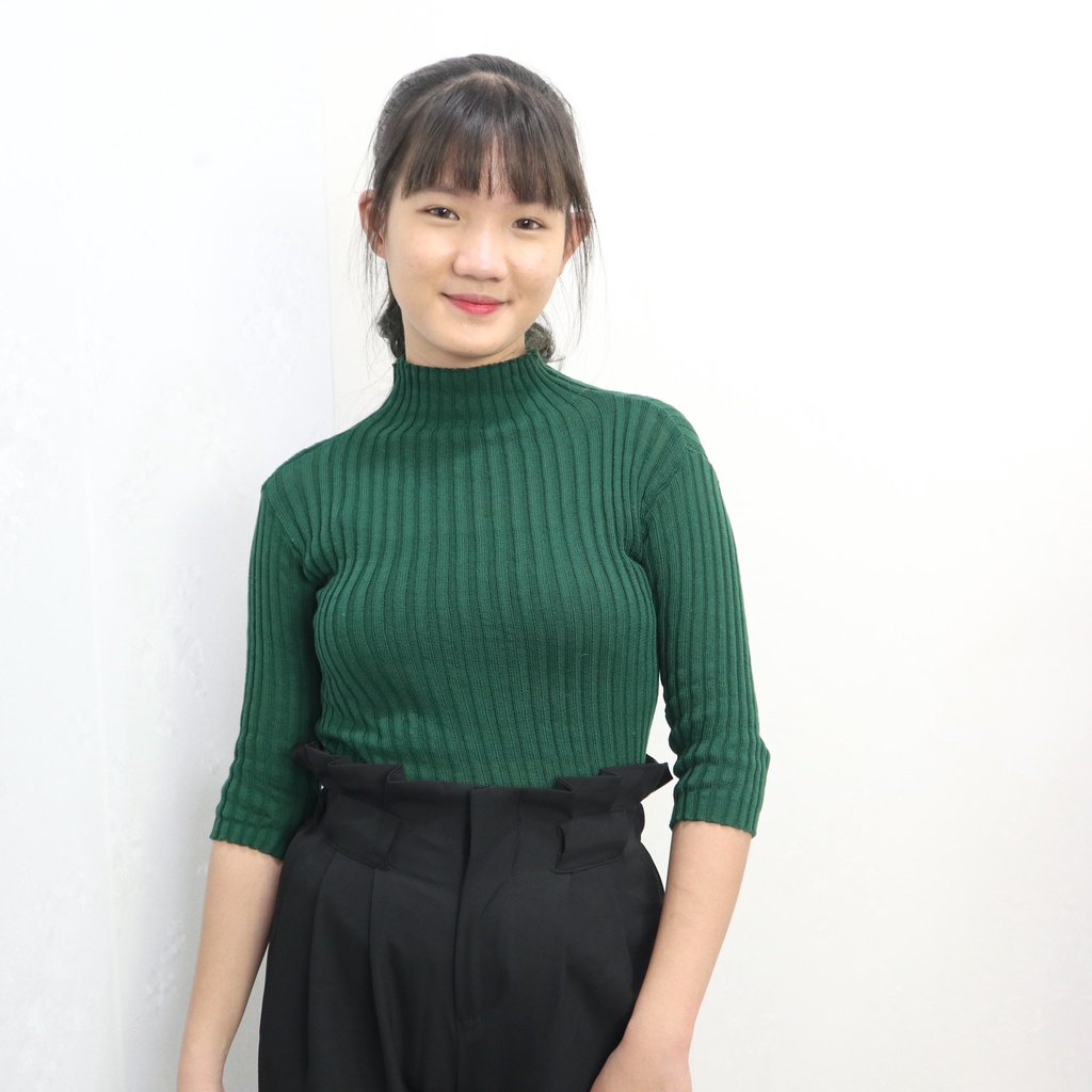 TurtleNeck Rajut Lengan 3/4 Atasan Baju Rajut Wanita Jalur Besar