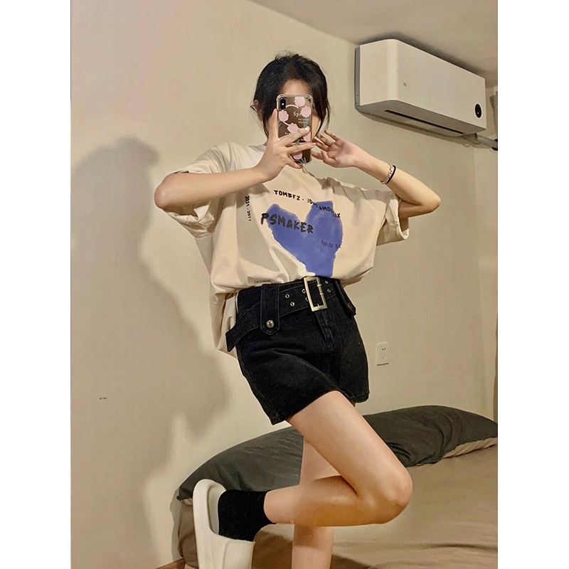 baju atasan wanita terbaru kaos/lengan pendek korean style letter heart motif printed t-shirt kekinian oversize kaos cream couple