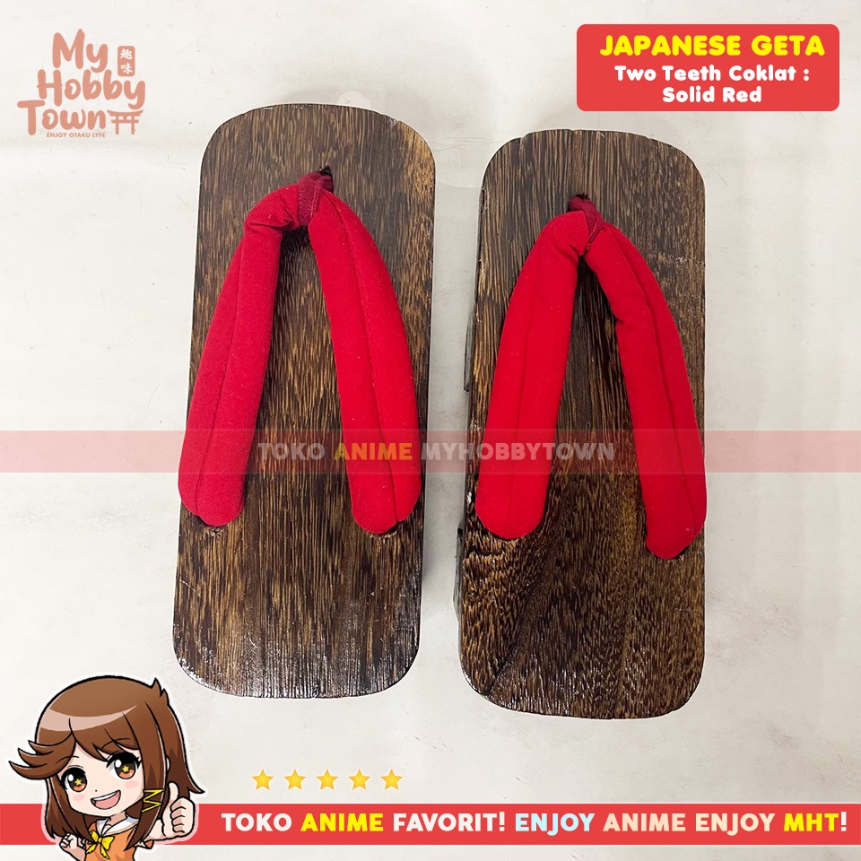 Geta Two Teeth Hitam Tradisional : Solid Red Strap Merah Sandal Bakiak