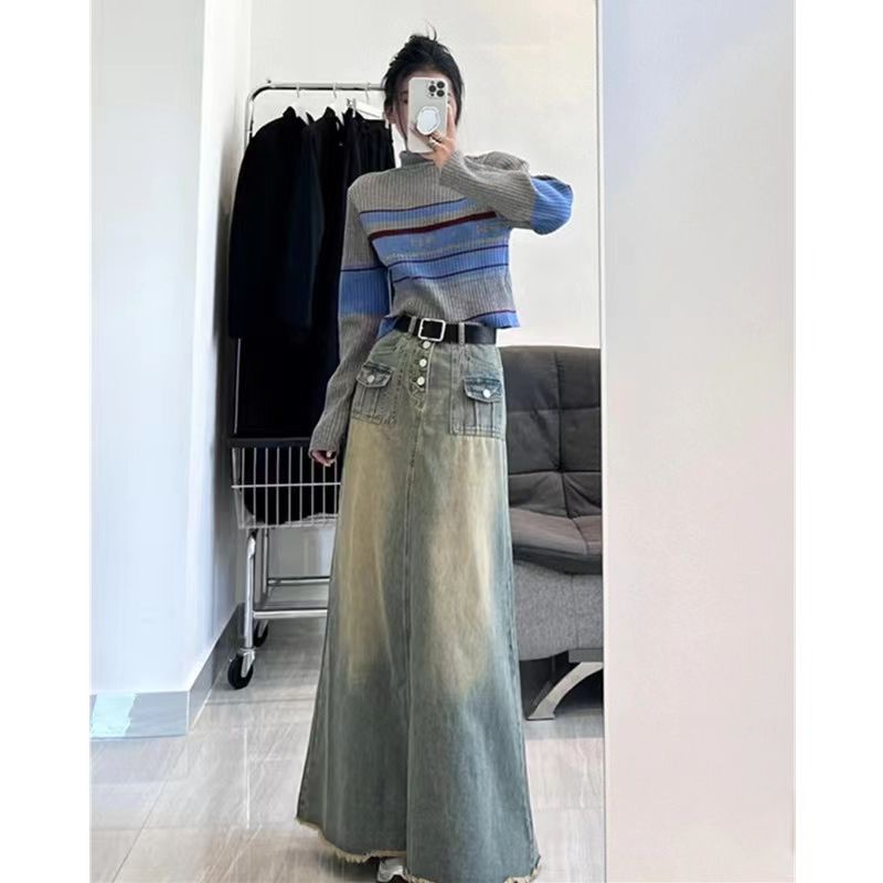 Red Tinggi 170 Versi Panjang American Retro Denim Rok 2023 Baru A-line Rok Panjang Rok Longgar