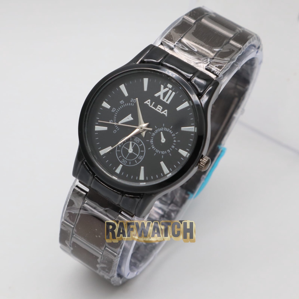 Jam Tangan Pasangan Pria Wanita Analog Casual Rantai Stainless Silver Hitam RPA3