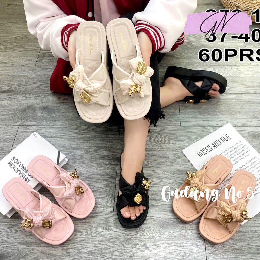 GN-856-1 2 &amp; 3 Sandal Selop Jelly Model Pita Wedges Fashion Wanita Terbaru Import PCU