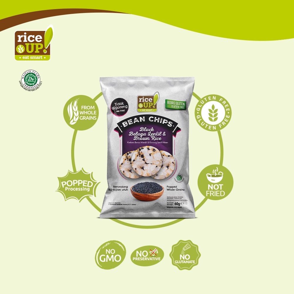 RICE UP Bean Chips 60g - Krekers Beras Merah - Wholegrain Brown Rice Chips - Cemilan Gluten Free - Keripik Sehat Riceup! - Crackers Riceup - Rice Up!