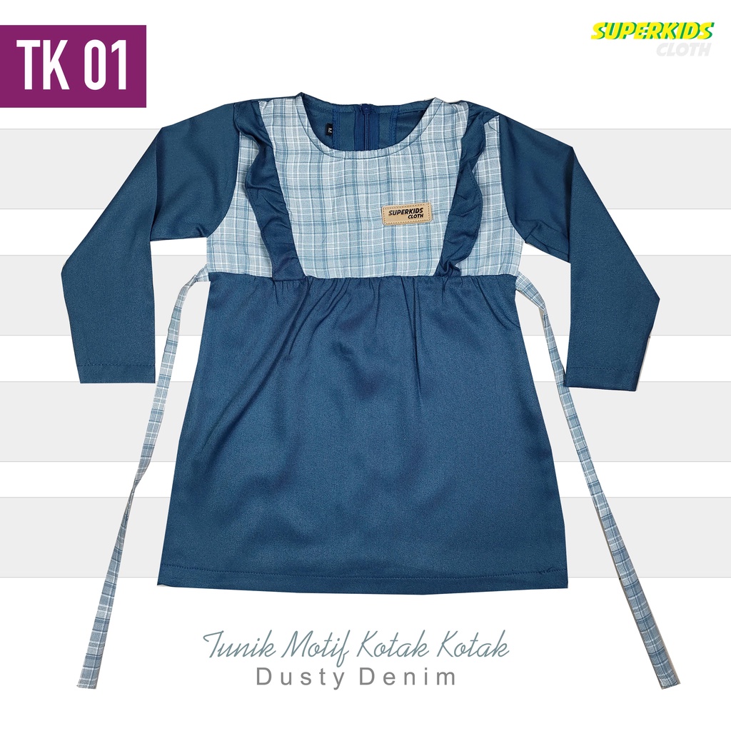 Baju Muslim Anak Perempuan Kotak-Kotak Biru Denim SUPERKIDSCLOTH 1-10 Tahun