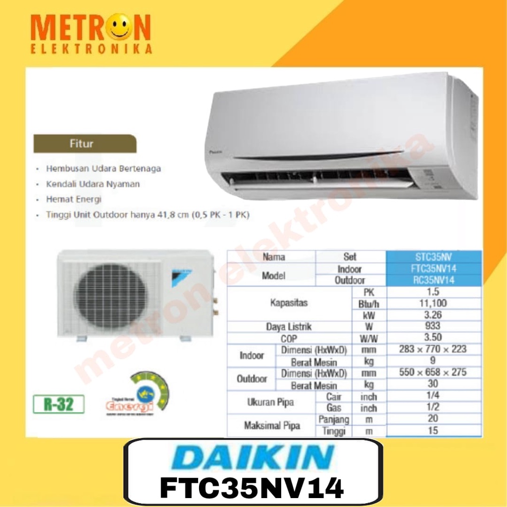 DAIKIN FTC 35 NV14 STANDART AIR CONDITIONER AC SPLIT - PUTIH 1,5 PK / PENDINGIN RUANGAN / FTC35NV14