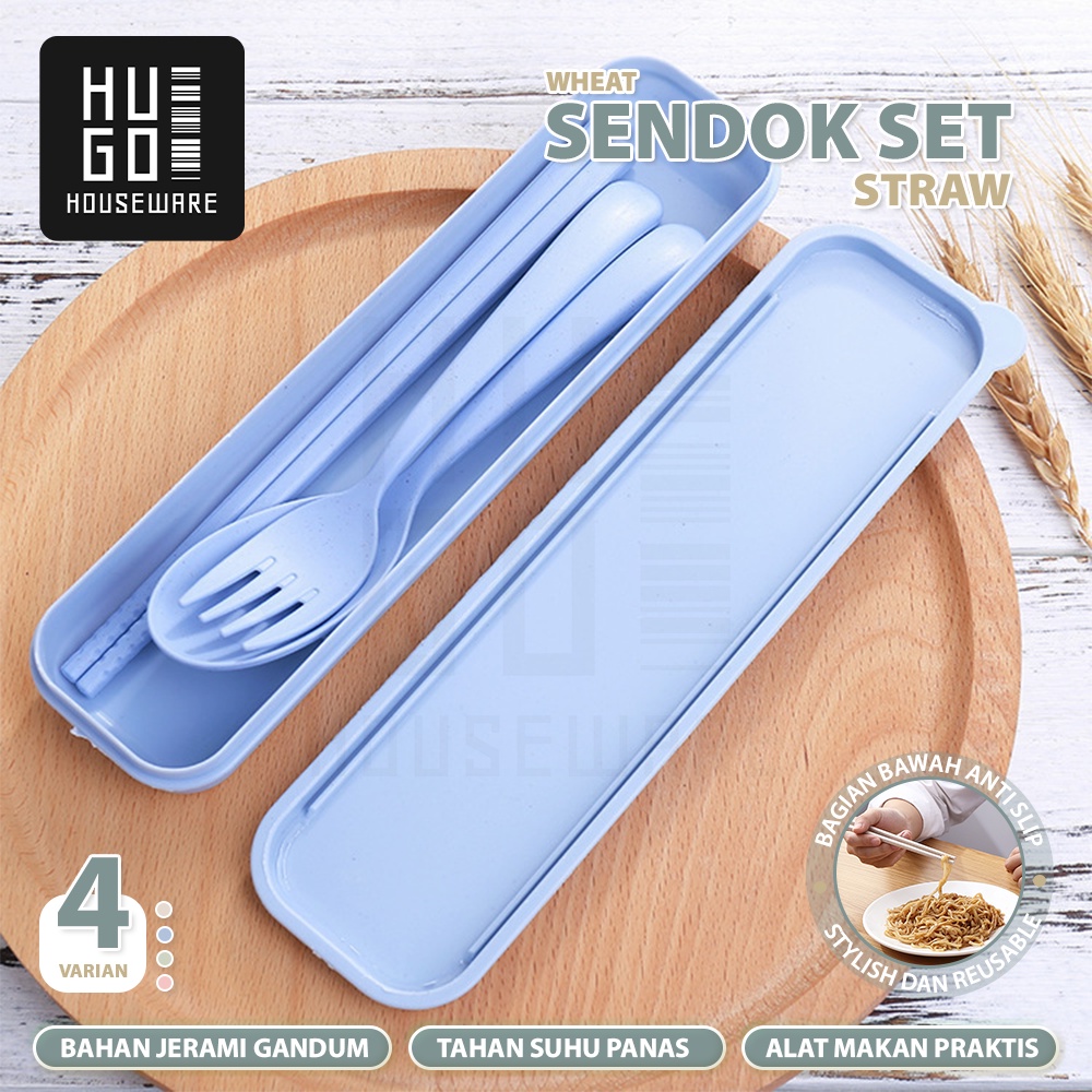 HUGO Sendok Set Alat Makan Portable Bahan Jerami Wheat Straw Sendok Garpu Sumpit dan Box