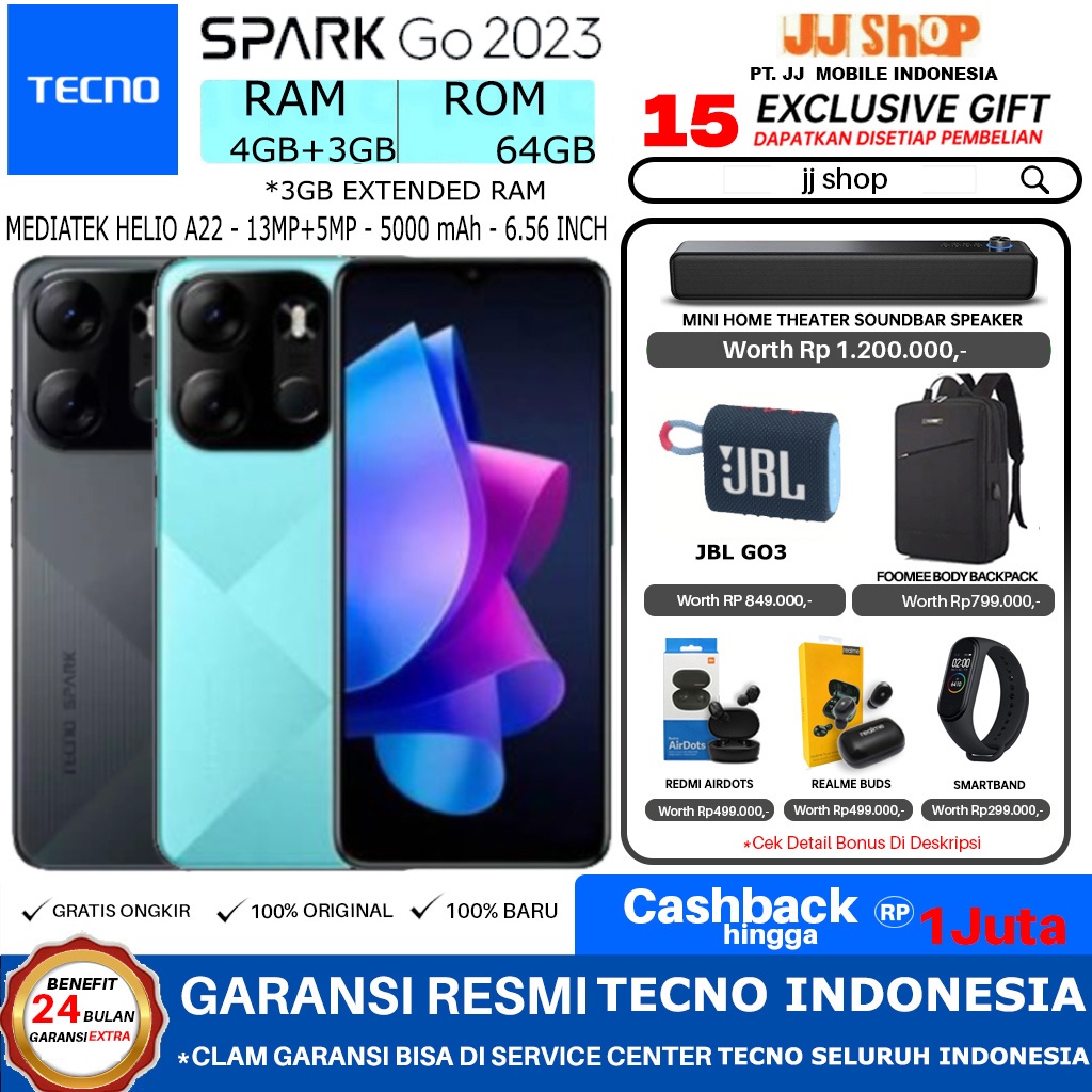 TECNO SPARK GO 2023 7/64 RAM 4GB+3GB EXTENDED ROM 64GB GARANSI RESMI