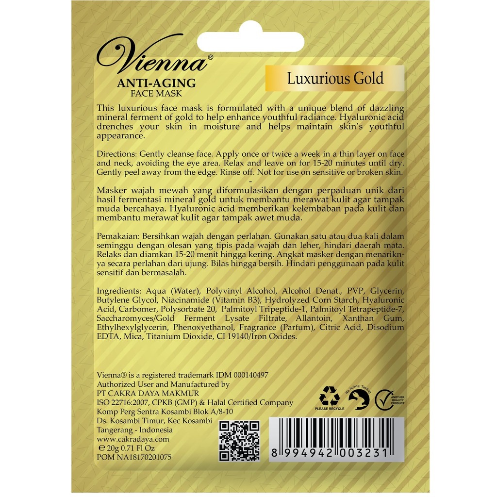 VIENNA Anti Aging Face Mask Luxurious Gold Sachet