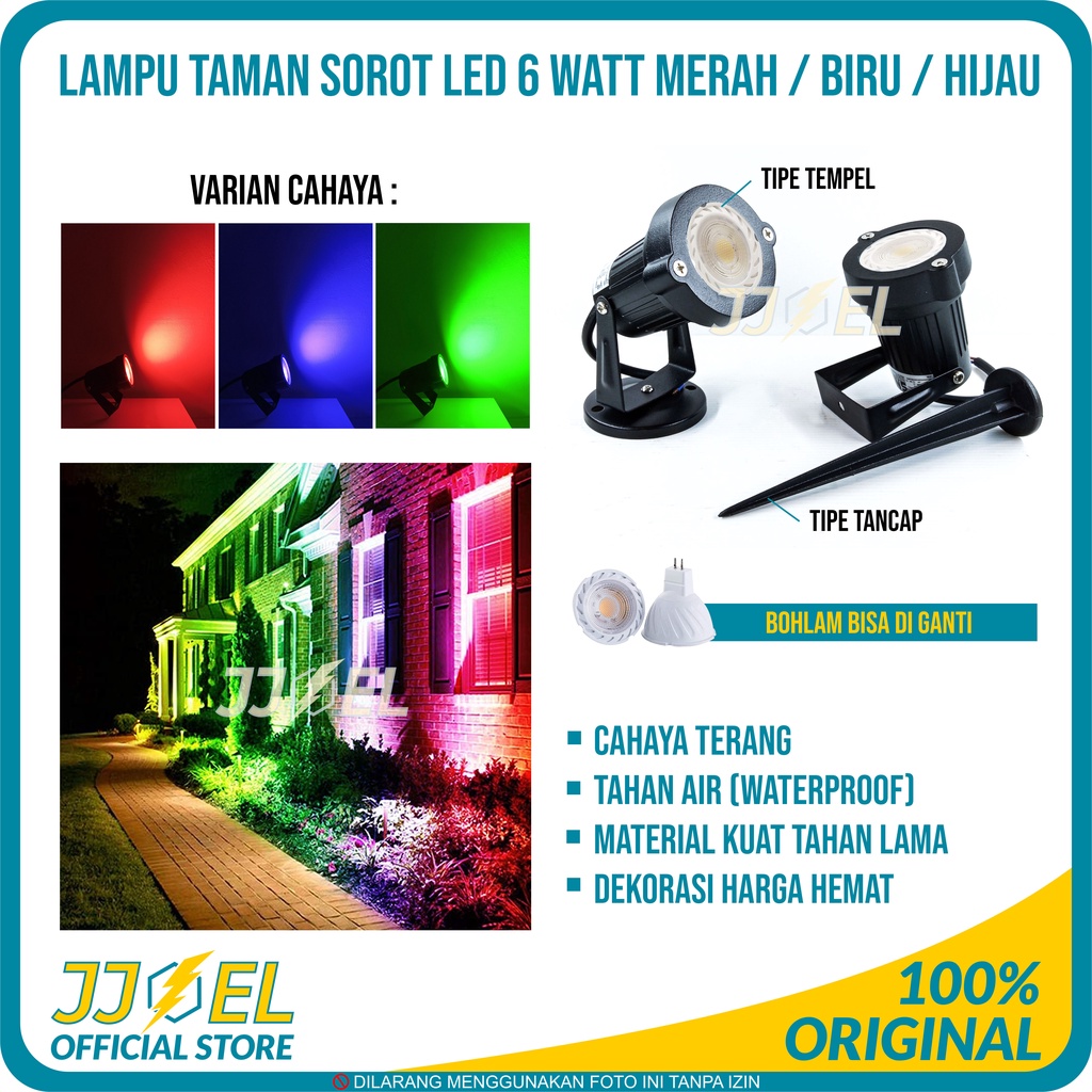 Lampu Sorot LED MR16 6W Outdoor Warna Merah Biru Hijau untuk Taman dan Halaman