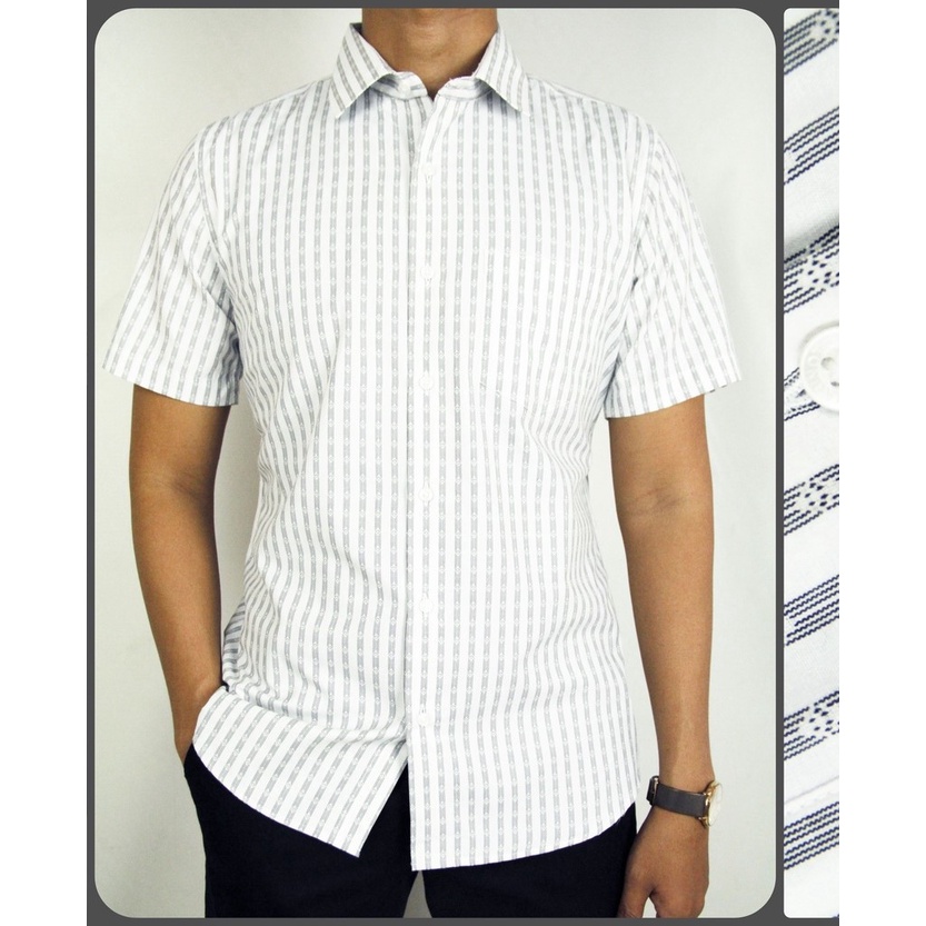 Kemeja Pria Formal Slimfit Maginot Lengan Pendek Putih Motif Salur Hitam 11 | Kemeja Kantor/Kerja