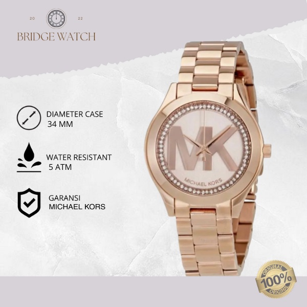 Jam Tangan Wanita Michael Kors Mini Slim MK3549 Original Analog Rose Gold Stainless Steel Strap Rant
