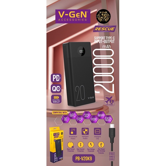 Powerbank V-GeN Rescue V20K9 20000mAh Type C Fast Charging QC PD VOOC