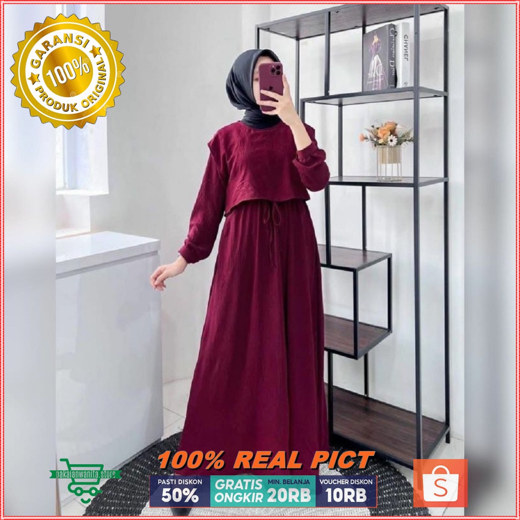 DRESS CRINCLE AIRFLOW PREMIUM - Gamis Wanita Dewasa Remaja Terbaru 2021 Jumbo Kekinian Murah Putih P