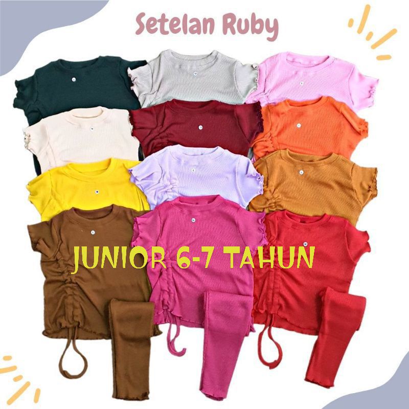 JUNIOR 6-7 TAHUN Set Kerut Ruffle Knit Tee XXL | Baju Setelan Anak Perempuan Kerut Bahan Rib Knit | Oneset Anak Perempuan