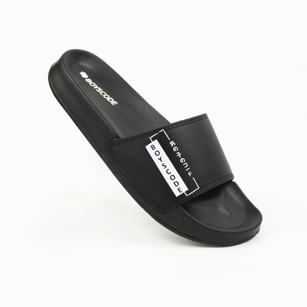 Sendal Selop BOYSCODE Kanji Japan Hitam Pria Wanita / Sandal Slide Cowok / Sandal Slip On / Sandal D