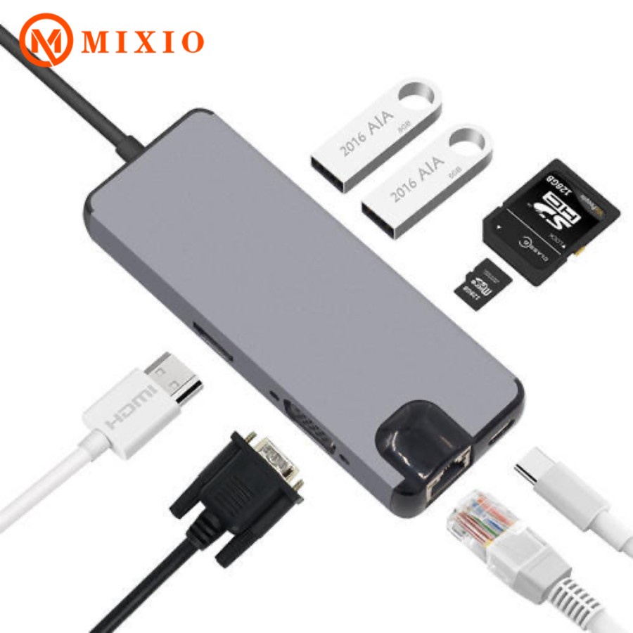 MIXIO - HC15 8in1 Hub Type-C to HDMI + Card Reader HDTV Adapter 4K