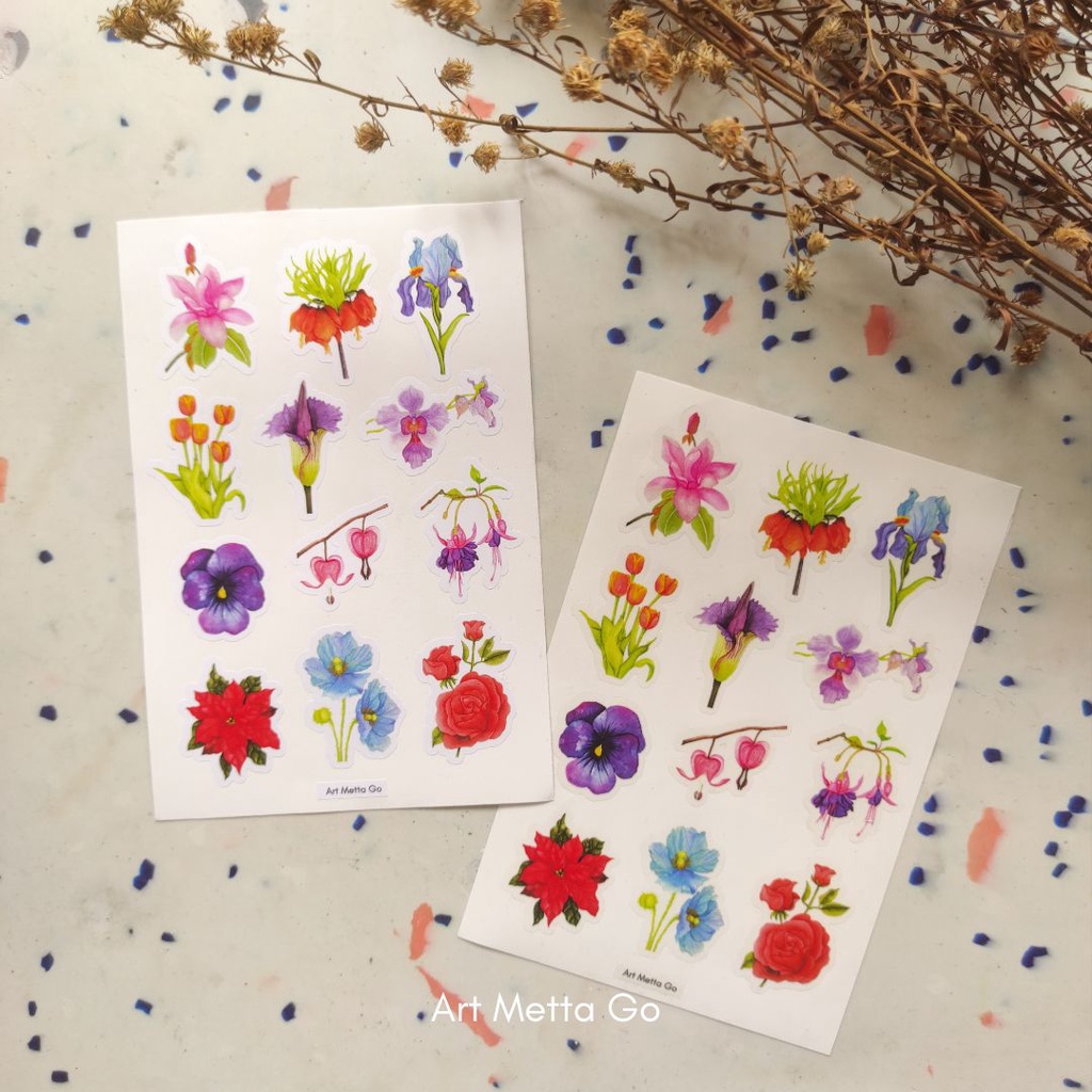 

(12 pcs) Stiker Bunga Journaling Scrapbook Waterproof | Aesthetic Flower Sticker Set Waterproof | Botanical Watercolor Flower Stickers | designed by artmettago