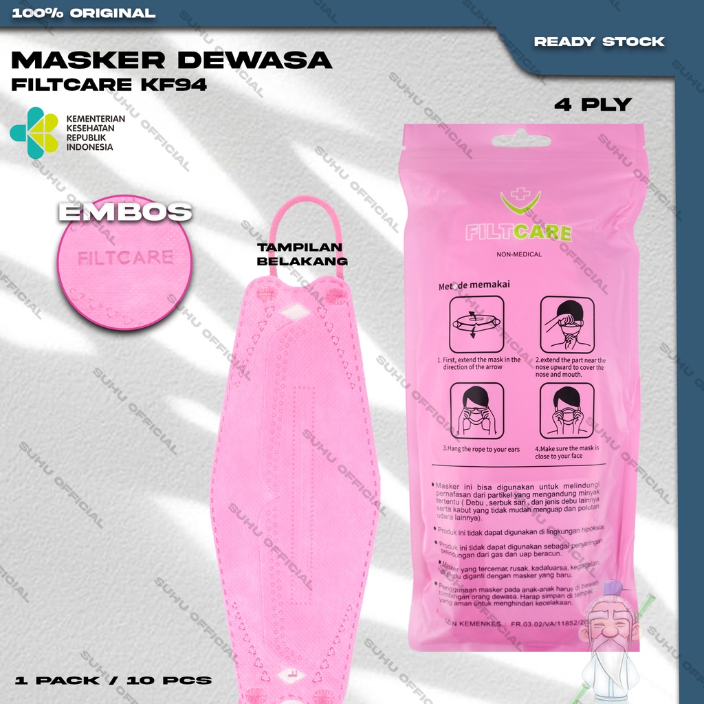 Masker KF94 FILTCARE 4Ply isi 10Pcs Apricot Korea KF 94 4Ply Earloop Surgical Mask Kemenkes