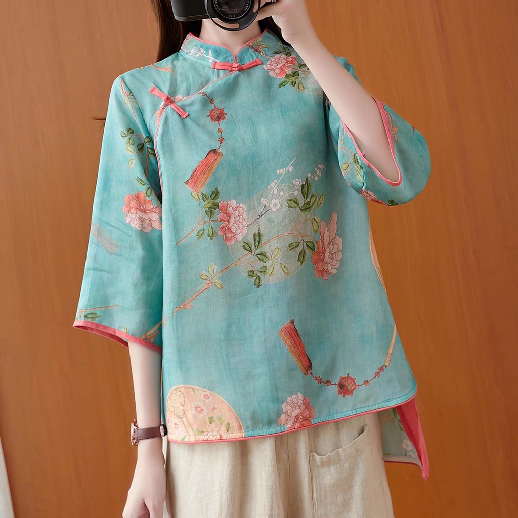 Chinese Style Cotton Linen Printed Blouses Tops
