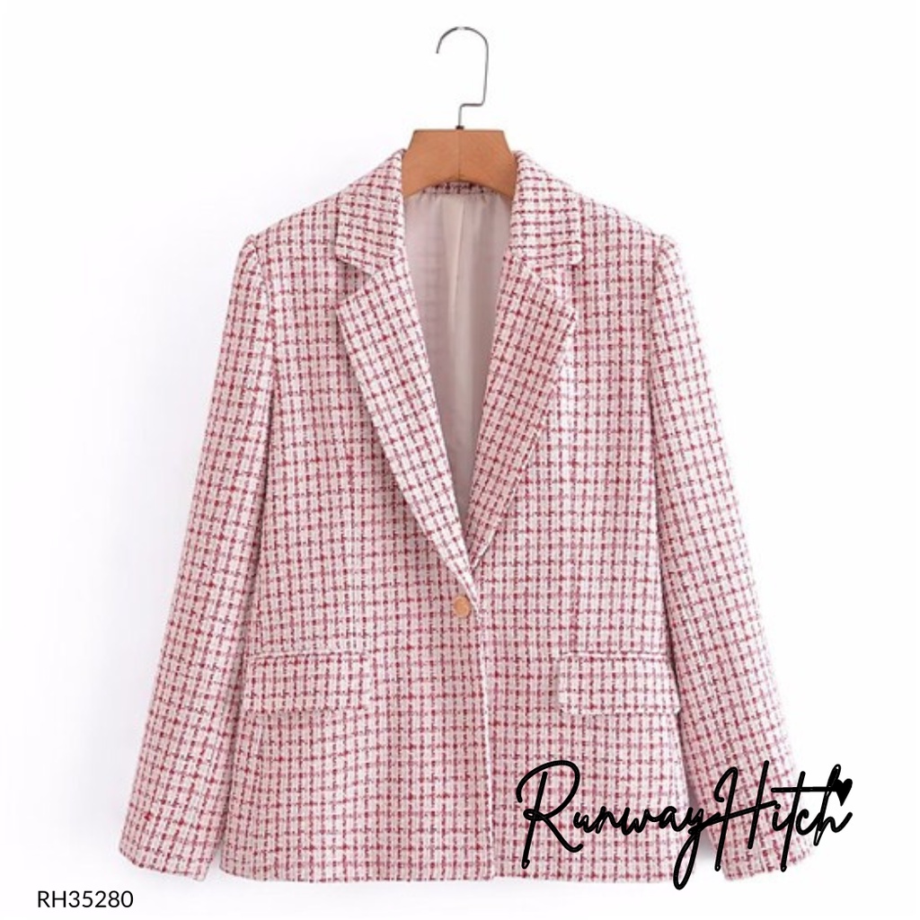 TWEED BLAZER KOREA IMPORT RH35280 / PLAID BLAZER KOTAK MERAH PUTIH