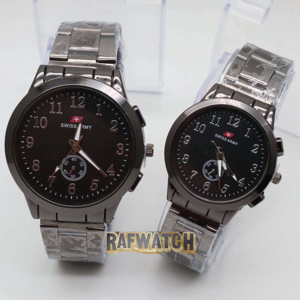 Jam Tangan Pasangan Pria Wanita Analog Casual Rantai Stainless Silver Hitam RPA5