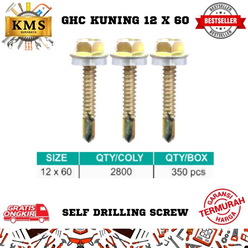 Baut SDS Roofing Drill Kayu Galvalum Baja Ringan Kuning GHC 12x60 ( Self Drilling Screw )