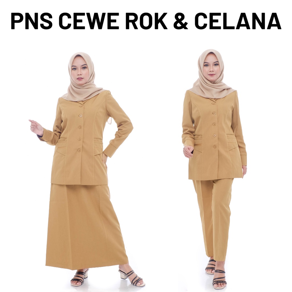 Stelan Seragam PNS Wanita Seragam Pemda Baju Dinas Guru ASN Warna Khaki Muda