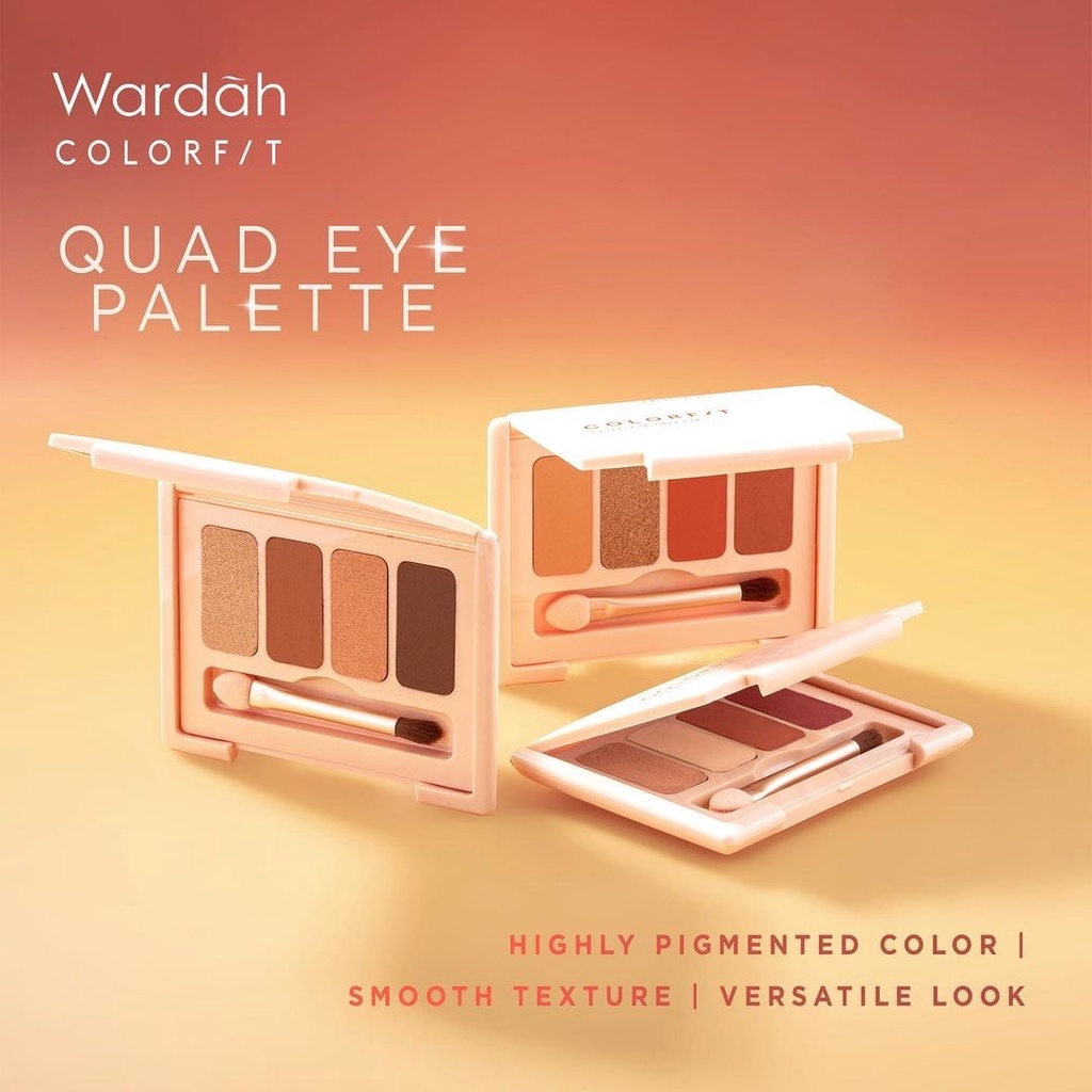 WARDAH Colorfit Quad Eye Palette Indonesia / Eyeshadow 4 IN 1 / Pigmented Blendable Microsmooth Creasing / Matte Shimmer Natural / 01 Brunette Dawn 02 Rose Aurora 03 Sunlit Blaze / Cosmetic Face Makeup Series / Highlighter Highlight Contour Bronzer Shadow