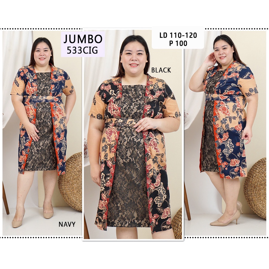 BIGCLO - (COD) LD 110-120cm Dress Pesta Jumbo Batik Katun Bigsize Kombinasi Brokat Mewah vol55d