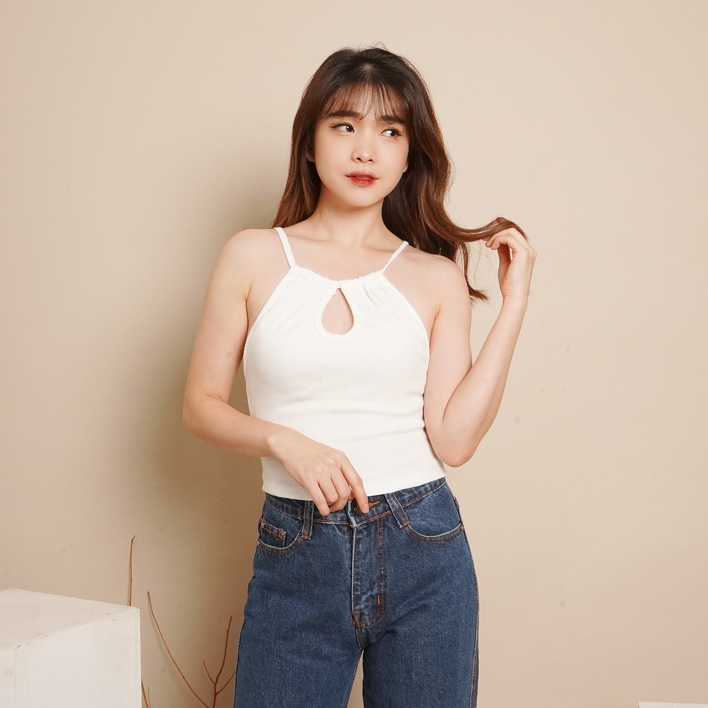 OROY Tank Top Korean Style Tanktop O-Neck Crop Tee Rib Knit Serut Wanita Crop Top Korea Halter Tankt