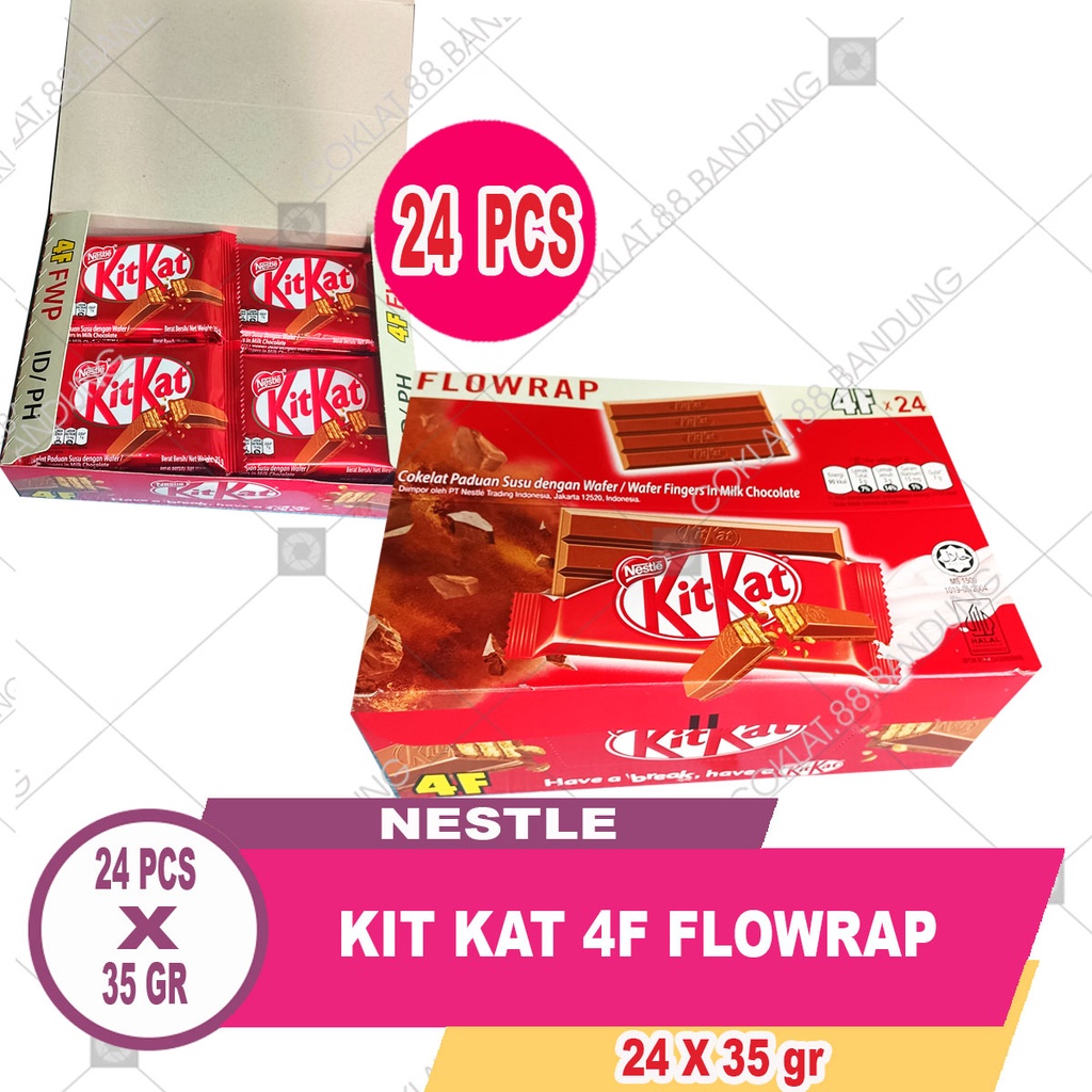 

KITKAT 4F FLOWRAP 1 BOX ISI 24 PCS X 35GR COKELAT, NESTLE COKLAT KIT KAT 4 FINGERS 24 PC X 35 GR MILK CHOCOLATE WAFER 35 GRAM