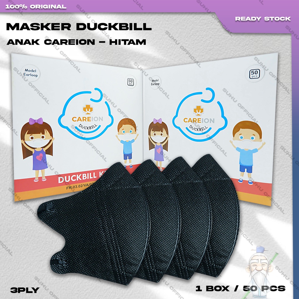 Masker Anak Duckbil CAREION 3Ply isi 50Pcs Hitam Black Duckbill Surgical Mask Kemenkes