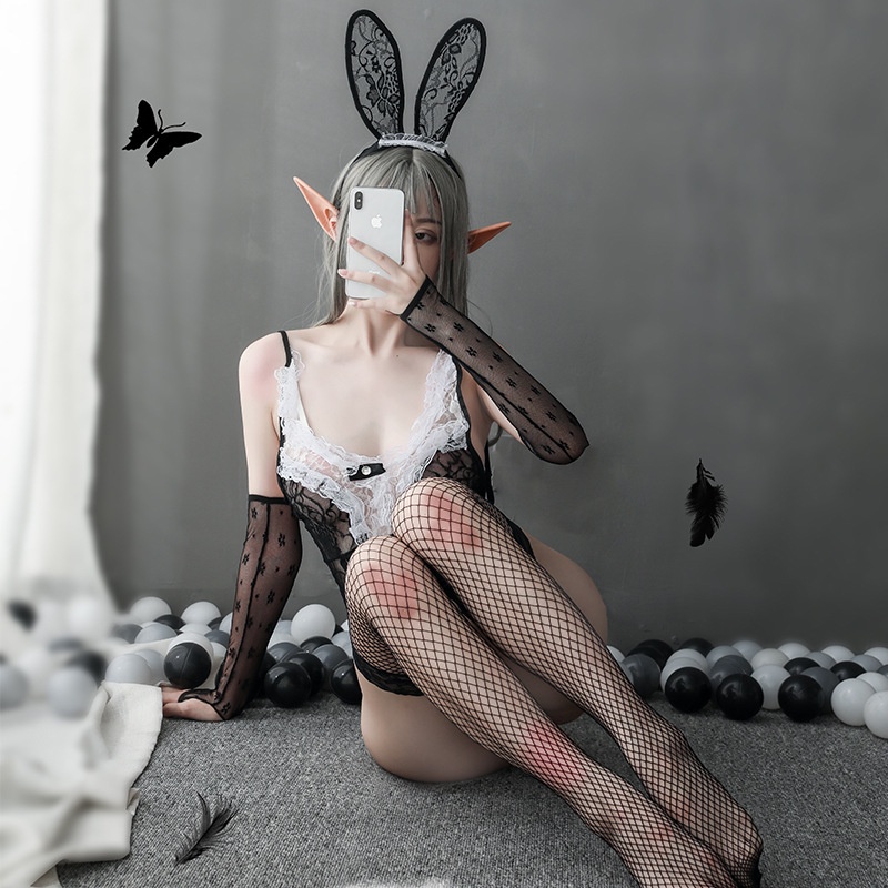 LI-60 swimsuit lace lingerie bunny kelinci bodysuit renda hitam