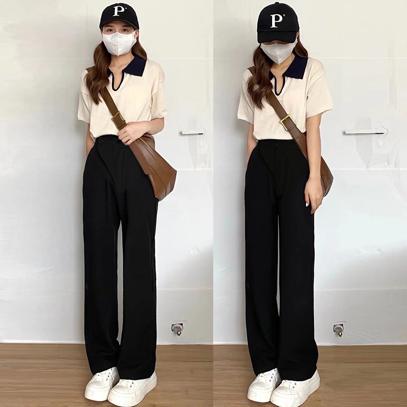 Highwaist Celana Kulot Hitam Panjang Korea Pants Wanita Celana Anti Kusut-loose Pants