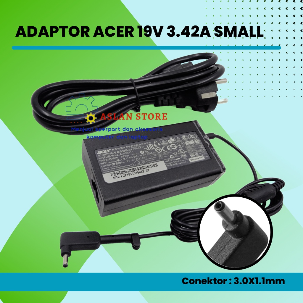 AC POWER ADAPTER ACER 19V 3,42 A 65W 3.0*1.1Mm Pengisi Daya Adaptor Laptop Aspire S3 S5 S7 P3 Iconia C740 C720 Tab W500 W700 C740 C910