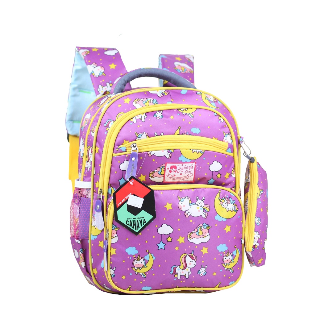 Tas Ransl Unicorn Anak Perempuan PAUD TK SD Bonus Tempat Pensil Ukuran Compact Backpack Sekolah Anak Cewek Ngaji Les TPA TPQ Piknik Ts Bagus Bahan Impor Tebal Awet Kuat Bonus Raincover Muat Buku Tema LKS IPad Tablet Tas Cahaya Unicorn Bulan