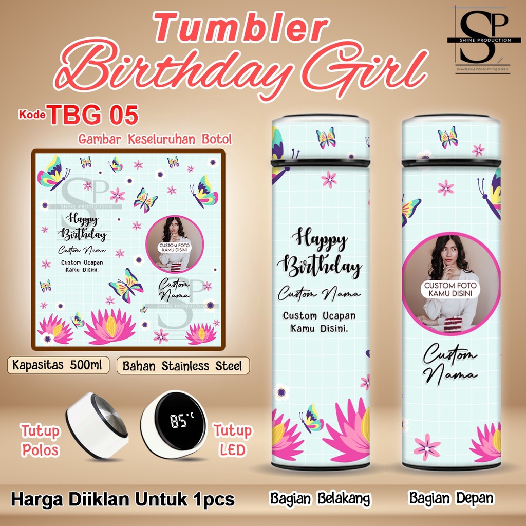 Tumbler Happy Birthday Custom Name Picture and Text For Gift Botol Minum Ulang Tahun 500 ML Stainless Steel