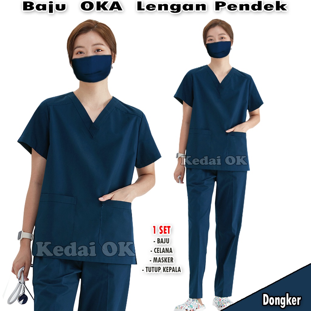 Jual Baju Oka - Seragam Ok Lengan Pendek - Baju Jaga Perawat - Scrub Oka Dokter Bidan - Baju Stenen - Bahan American Drill - Pria dan Wanita