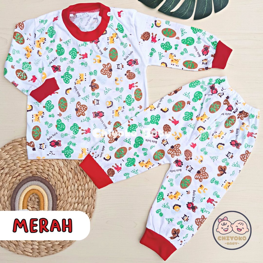 Setelan Baju Bayi Setelan Piyama Bayi Lengan Panjang Kancing Pundak Usia 3-12 Bulan Motif Animal Dan Pohon