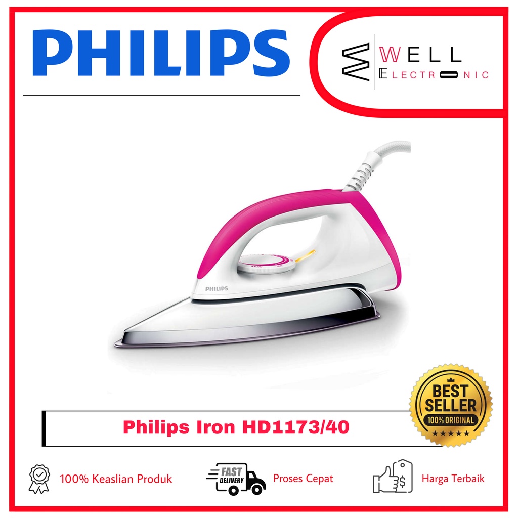 PHILIPS HD1173/40 SETRIKA HD 1173 DRY IRON TAPAK KERAMIK - PINK