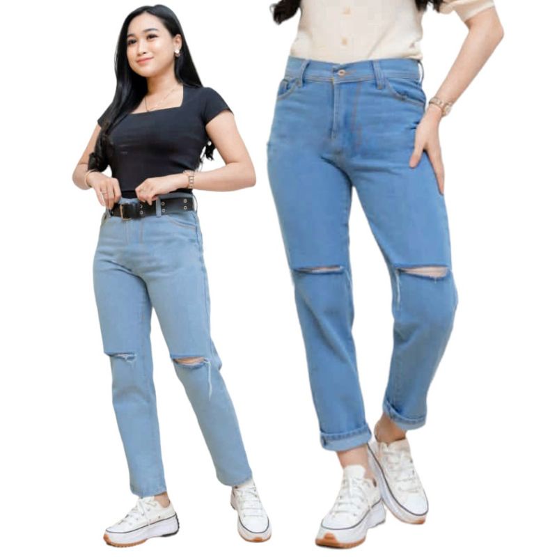 CELANA JEANS WANITA BOYFRIEND SOBEK LUTUT LIGHT BLUE