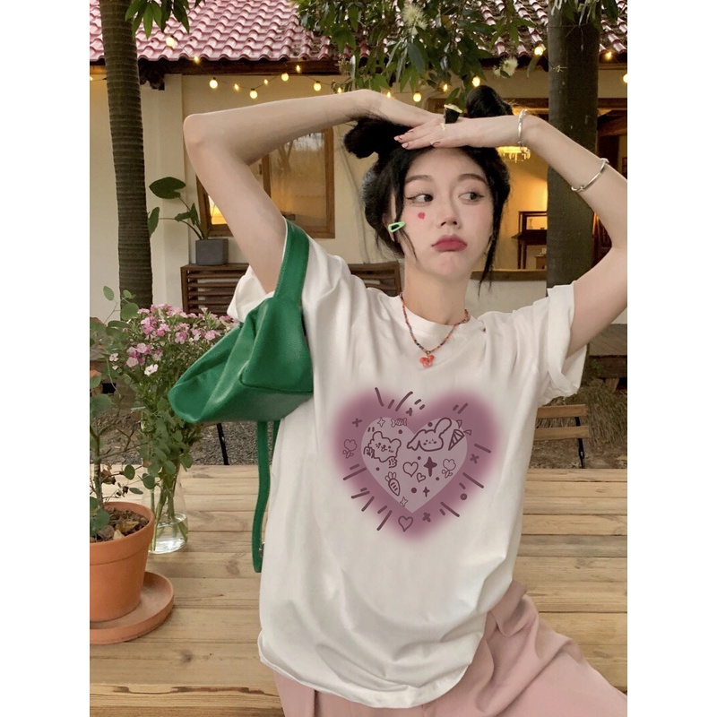 EUNII T-shirt Lengan Pendek Cartoon Pink Doll  Korean Style/Kaos Atasan Wanita/Baju Kaus Oversize Wanita/Kaos Wanita