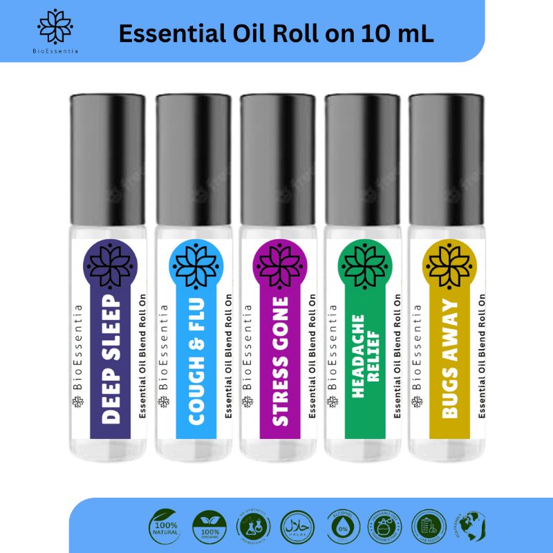 BioEssentia Essential Oil Roll on 10 mL - Roll on Essential Oil - Cough and Flu - Deep Sleep - Stres