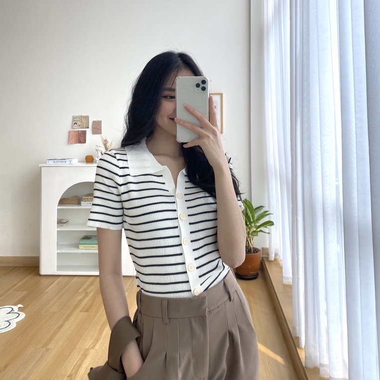 Meggy Knit Top - Atasan Rajut Wanita - Blouse Salur Short Sleeve - Korean Casual Look